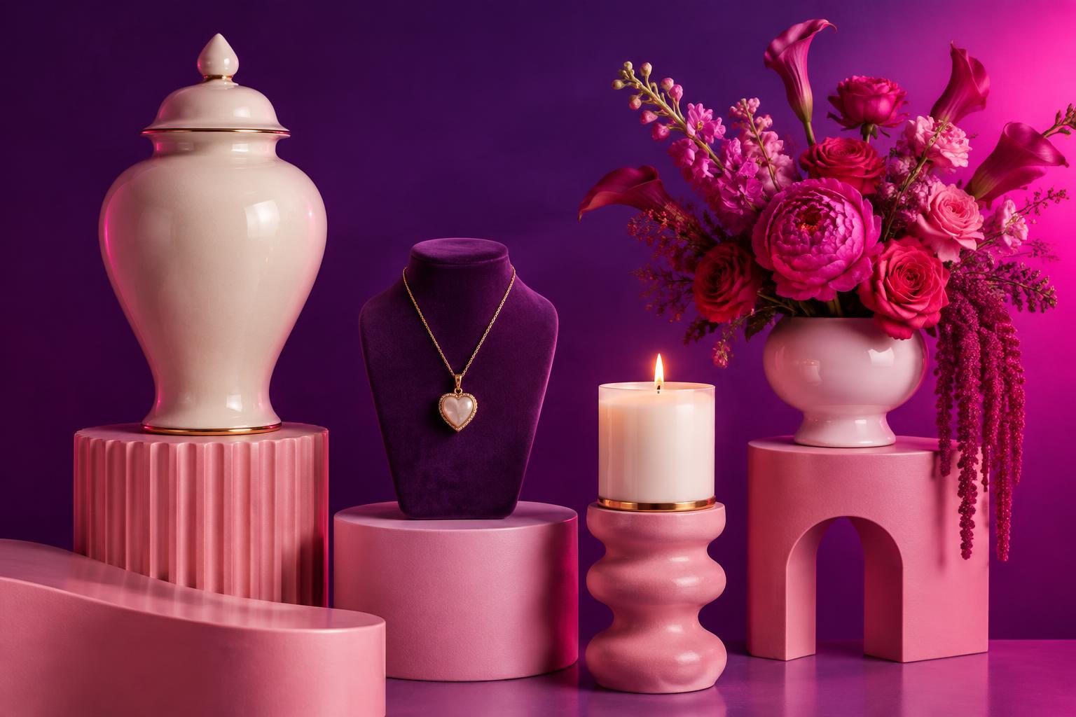 Illustrative memorial supplies on pink pedestals