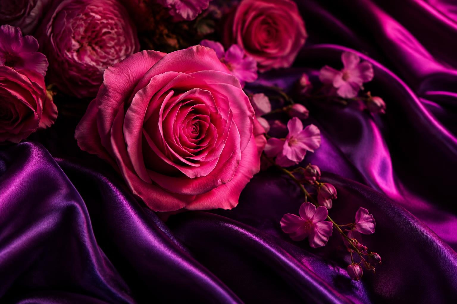 A soft pink rose resting on mauve silk